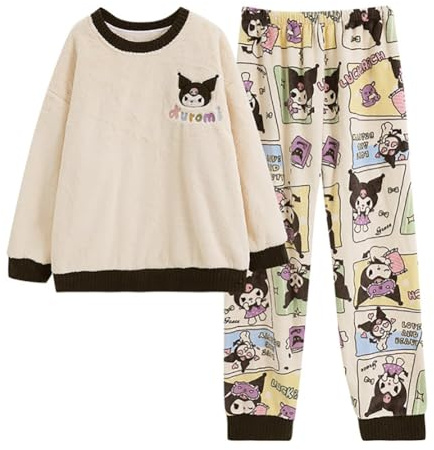 Satdflie Cartoon Pigiama Invernale in Pile Pigiama Due Pezzi Maglia Manica Lunga e Pantalone Lungo Flanella Camicia da Notte per Petite Donna Ragazza