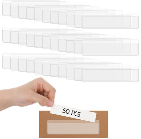 Lot de 50 étiquettes autocollantes en plastique transparent pour boîtes de rangement, étiquettes de prix, classeurs, boîtes aux lettres, étiquettes de nom pour supermarché, école, bibliothèque