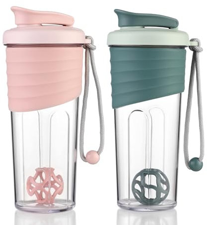 OUOUMUF Lot de 2 shakers à protéines avec boule mélangeuse Tritan pour shakes protéinés - Pour shakes protéinés - Pour shakes protéinés super crémeux - 700 ml (rose et bleu)