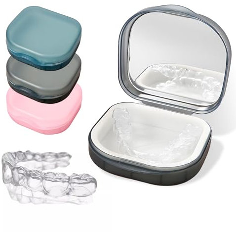 3 Stück Zahnspangendose,Zahnprothesen Box,Gebissdose,Tragbares Prothesendose mit Kleinem Spiegel,Perfekt für Menschen mit Zahnspange(Rosa+Grau+Grün)
