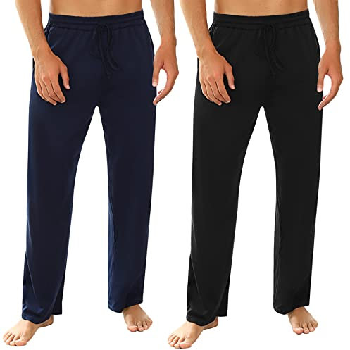 Marvmys Schlafanzughose Herren Lang Baumwolle Einfarbige Pyjamahose Schlafhose Haushose Freizeithose Yogahose mit Gürtel und Taschen
