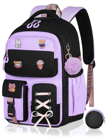 Aomutrsn Mädchen-Rucksack mit Lunchbox, 5-teilig, niedliche Büchertasche für Kinder, Teenager, Kawaii, ästhetischer Grundschulrucksack, Violett / Schwarz, 5 Pcs Backpack Set, Büchertasche für Mädchen