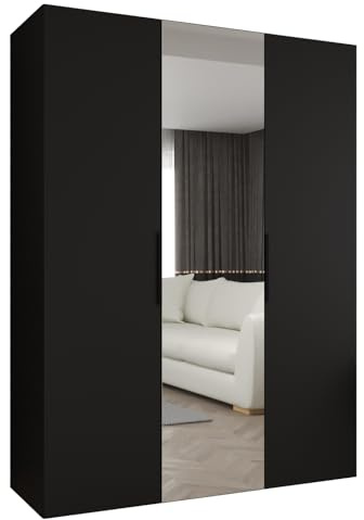 MEBLE KRYSPOL - Kleiderschrank mit Spiegel - Drehtürenschrank - Schrank 150x202x52cm - Garderobenschrank Schlafzimmer, Flur, Jugendzimmer - Farbe Schwarz, Griff Schwarz - Marbella 2 150