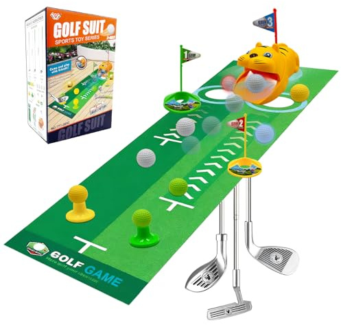 KZARYVEXIS Ensemble Golf Enfant avec Tiger à Retour Automatique,Mini Golf Maison avec 3 Clubs Rétractables et 8 Balls,Jouet Extérieur & Intérieur pour Enfants 3-10 Ans, Garçon Fille