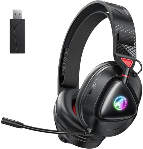 Awinnasey PH3 Wireless Gaming Headset for PS5, PS4, Switch, PC, Mac, Bluetooth Headphones with Removable Microphone, Lightweight Bluetooth Headset with RGB Light, 50 Hours Battery, Black Red