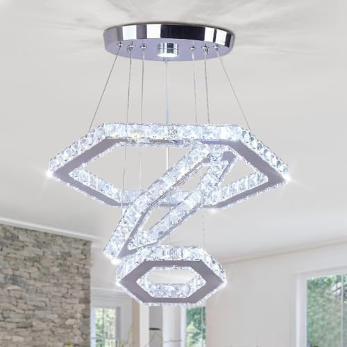 FRIXCHUR Kristallhanglampe, LED Deckenleuchte 3 Rings, Moderne Kristall Kronleuchter für Wohnzimmer, Esszimmer, Schlafzimmer, Küche und Flur, Kaltweiß