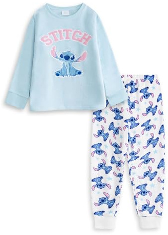 Disney Lilo & Stitch Mädchen-Pyjama-Set, blau, langärmlig und mit Langen Beinen | Fleece-Nachtwäsche mit Stitch-Motiv | Gemütliche Nachtwäsche für Übernachtungen und zum Schlafen