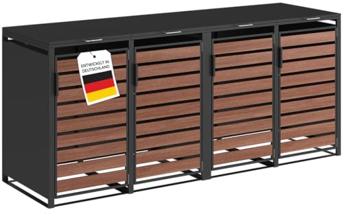 STEELSØN Kestra Mülltonnenbox 4er bis 240L, Graphitschwarz, Nussbaumoptik | Mülltonnenverkleidung aus Stahl mit Sichtstreifen, hochwertiger Müllcontainer für 4 Tonnen, Müllbox, Gerätebox, wetterfest
