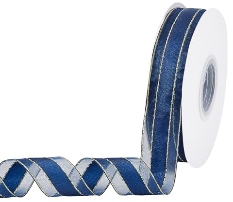 letsinstyle 45 Yards Navy Blue Organza Satin Ribbon, 1.5 Inch Sheer Chiffon Ribbon with Gold Wired Edge, Polyester Soft Trims for Wrapping Wedding Christmas Tree Bows Decoration