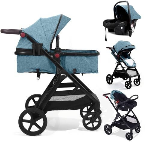 Sekey Kombi Kinderwagen Baby 3 in 1 Komplettset mit Regenschutz und Moskitonetz, Kinderwagen mit Liegefunktion bis 25kg, 0 bis 4 Jahre, 4-Rad-Federung, 5 Punkt-Gurt mit Reflektor, BW600, Blau/Schwarz