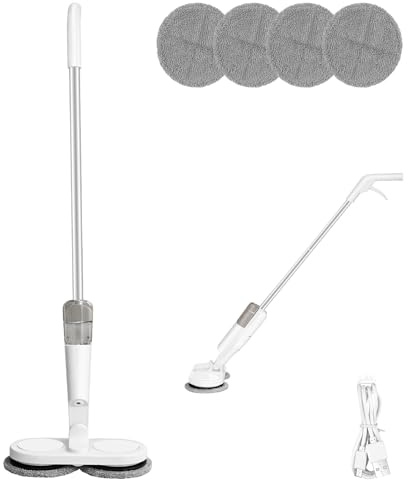 Cordless Rechargeable Hard Floor Cleaner and Polisher with 4 Cleaning Buffing Pads & 200ML Water Tank, Perfect for Wood, Tile, Laminate and Hard Floors, White