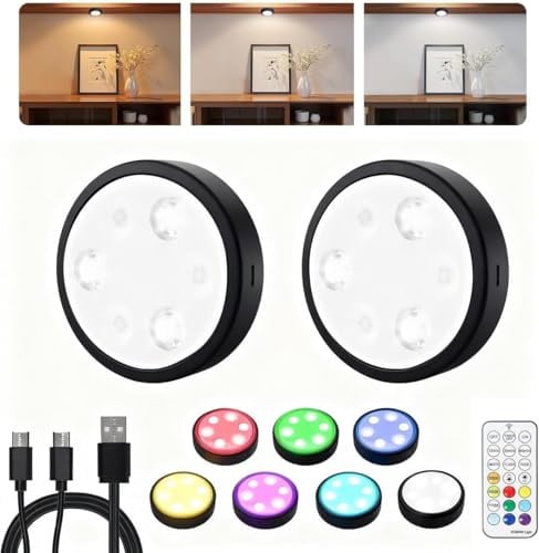 USB Aufladbar LED Spot Akku, 2000mAh Aufladbar Puck Lights mit Fernbedienung, 7 RGB und 3000K/4500K/6000K Vitrinenbeleuchtung, Magnetische Dimmbare Schrankbeleuchtung für Schränke, Küche, Regale