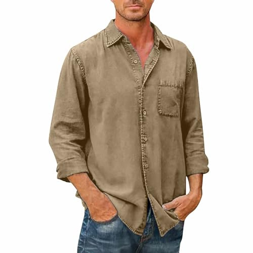 Générique Chemise Homme Lin Manche Courte Chemise Homme Ete Slim Fit Chemisette Mariage Shirt Mode Printemps 1#Kaki L