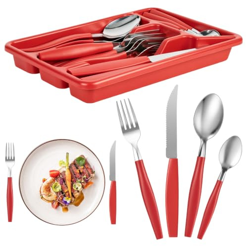 Rzspher 24 Piece Cutlery Set with Organizer, Service for 6 People (Red) | Includes Knives Forks Spoons Teaspoons, With Non-Slip Handle, Mirror Polished Tableware Utensils Set for Party and Picnics