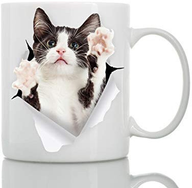 Reaching Tuxedo Cat Coffee Mug - Ceramic Funny Coffee Mug - Perfect Cat Lover Gift - Cute Novelty Coffee Mug Present - Great Birthday or Christmas Surprise for Friend or Coworker, Men and Women (11oz)