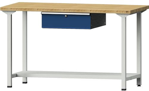 ANKE | Werkbank | Gestellbauweise Serie V | 1 Schublade | 1 Ablageboden | Breite 1500 mm | Höhe 890 mm | Buchemassivplatte