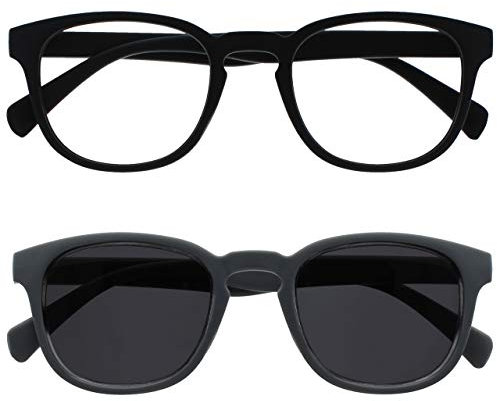 OPULIZE POP Lesebrille für Damen und Herren mit Lesesonnenbrille - 2er Pack - Lustige Runde Brille Matt - Getönte Gläser mit UV400 - Federscharniere - Shwarz Grau Sonnenbrille +3.00