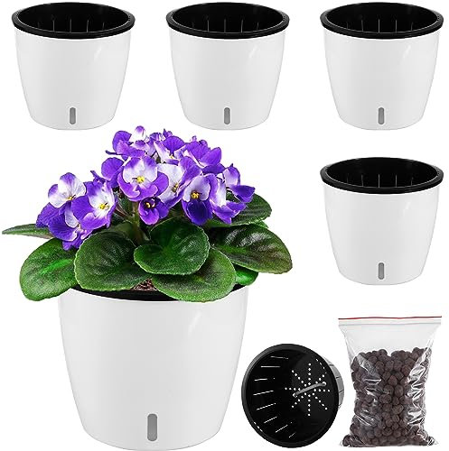 Planterhoma 6.7 Inch Self Watering Pots for Indoor Plants, 4 Packs African Violet Pots with Indicator, Black Wick Pot with Drainage Holes, Self Watering Planters for Orchid, Devil's Ivy, White