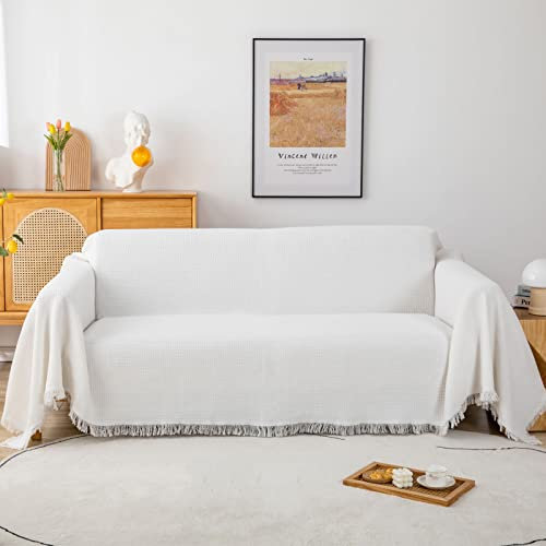 Sofa überwurfdecke Waffel Tagesdecke mit Quasten,Premium Wendedecke als Bettüberwurf Sofaüberwurf Couchdecke oder Wohnzimmerdecke Groß180 x 230cm Weiß