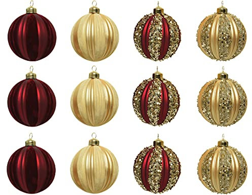 Decoris Weihnachtskugeln geriffelt mit Pailletten Streifen 8cm x 12 Stück Samt Christbaumkugeln rot Gold
