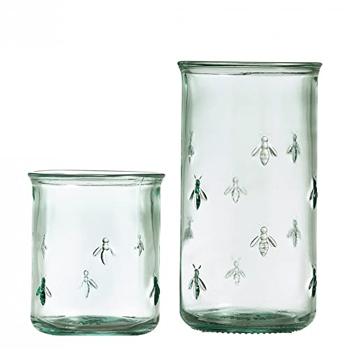 Grehom Recycled Glass Tumblers- Bee; Twins | Embossed tumblers (large and small) with bee decoration, ideal for water, soft drinks, smoothies and beer, dishwasher safe.