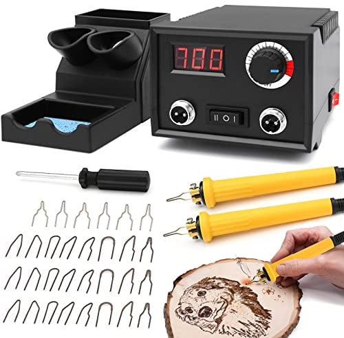 Pyrographie Maschine mit 2 Stifte, Luriseminger 60W CE Zertifiziert Holzverbrennungs mit 30 Pyrography Drahtspitzen, 0-700℃ Einstellbare Temperatur Brandmalerei Lötkolben Set für Holz Leder Bambus