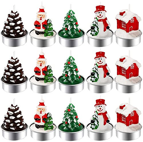 BUZIFU 15 Stück Weihnachten Teelicht Kerzen 5 Designs Weihnachtskerzen Handgemachte Zarte Weihnachtsmann, Schneemann, Tannenzapfen, Weihnachtsbaum, Weihnachtshaus Kerzen, Weihnachten Haus Dekoration