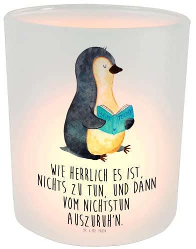 Mr. & Mrs. Panda Kerze Pinguin Buch - Geschenk, Urlaub, Pause, Windlicht Kerze, Teelichthalter, Ferien, Glas Windlicht, Freizeit, ausruhen, Windlicht
