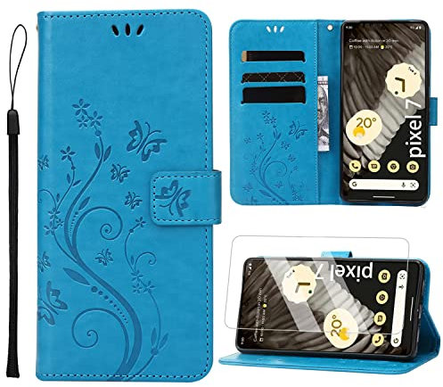 Anshow Lederhülle mit Google Pixel 7 Hülle und Schutzfolie, Handyhülle für Google Pixel 7, Flip Wallet Hülle Leder Tasche Schutzhülle, Blau