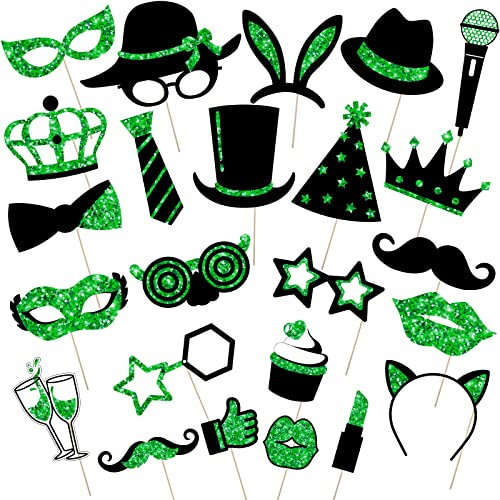 24 Stück Party Fotoautomat Requisiten Mischung Foto Booth Props mit Hut Lippenstift Krawatte Kronen für Geburtstag Hochzeit Abschluss Party Zubehör (Grün und Schwarz)