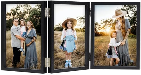 AVEAX Cadre photo, 10 x 15 cm, noir, triple cadre photo, 10 x 15 cm, en bois, avec façade en verre, support pliable pour une installation verticale sur le bureau