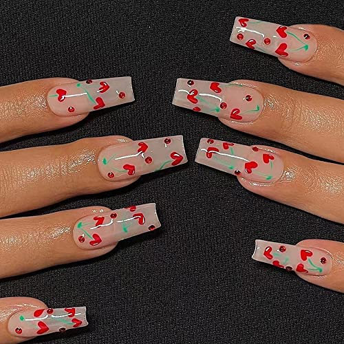24PCS Long False Nails with Glue Stickers,Coffin Full Cover Acrylic Press on Nails no Glue,Red Cherry Love diamond French Fake Nails for Women and Girls Nail Art