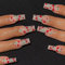 24PCS Long False Nails with Glue Stickers,Coffin Full Cover Acrylic Press on Nails no Glue,Red Cherry Love diamond French Fake Nails for Women and Girls Nail Art