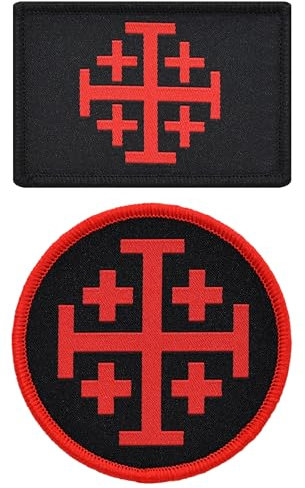 Great 1 Jerusalem-Kreuz-Flagge, Kreuzritter-Kreuz, Militär-Aufnäher, taktisches Patch-Set (2er-Pack) – Größe 5,1 x 7,6 cm & 7,6 cm rund – Klettverschluss/Rückseite – Zubehör für Kleidung, Jacken, Hüte
