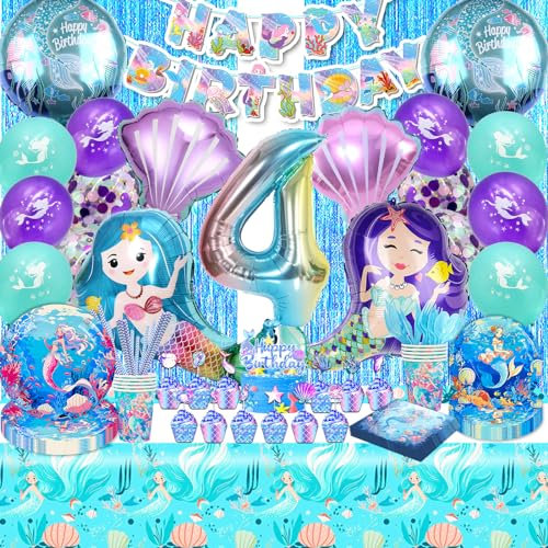 Decoración Cumpleaños Niña Sirena 4 Años - Adornos y Vajilla Con Platos, Vasos, Globos, Servilletas y Mantel