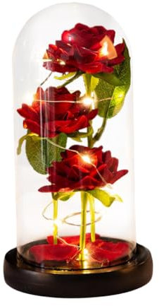 ZiaWorld Valentines Eternal Rose Artificial Flower with LED Light, Beauty and The Beast Rose Lamp In The Glass Dome, Romantic Gift for Girlfriend & Wife for Birthday Mother's Day Anniversary