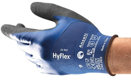 Ansell HyFlex 11-925 Ölabweisenden Arbeitshandschuhe, Rutschfeste Nitril-Beschichtung, Wasserdichte Schutzhandschuhe für Industrie und Mechanik, Dünne Montagehandschuhe, Blau, Größe L (1 Paar)