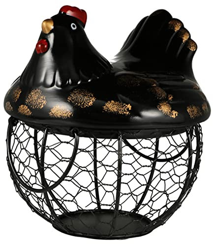 ABOOFAN Egg Holder for Kitchen Chicken Shaped Iron Storage Basket Fridge Egg Basket for Home Office Ceramic Hen Figurine Ornament Snack and Fruit Holder for Kitchen Countertop