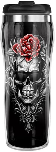Pixly® Skull & Rose Thermal Travel Mug Coffee Tea Flask, 400ml/14oz Capacity, Funny Joke Fun Gift for Him Her