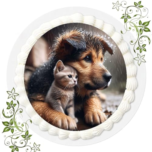 VSW Für den Geburtstag ein Tortenbild, Zuckerbild mit Motiv, Essbares Foto für Torten, Tortenbild, Tortenaufleger Ø 20cm FONDANT Hund & Katze Nr. 6, Mehrfarbig