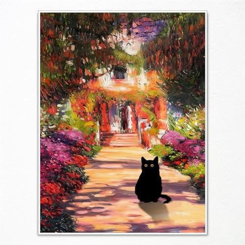 GAINOW Vintage Monet Gartenkatze-Leinwandkunst, berühmte Ölgemälde, Monet-Blumen schwarze Katze Poster, lustiger Blumendruck Raumdekoration für Schlafzimmer 60x90cm ungerahmt