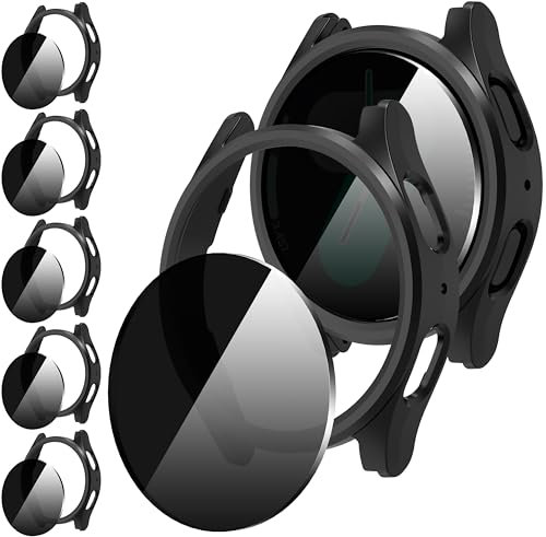 Diruite 5+5 Stück Hülle für Samsung Galaxy Watch 7 40mm Schutzhülle Anti Spy,Privatsphäre Hartglas Glas Schutzfolie*5+Ausgehöhlt Kratzfest PC Case*5,Schwarz,40mm