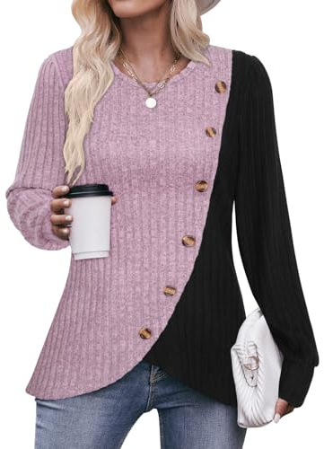 Flikity Ladies Long Sleeve Tops, Crew Neck Jumper Women Pullover Sweater for Women Going Out Tops Ladies Lightweight Jumpers Size 16-18 Spring Autumn Winter Clothes L Pink