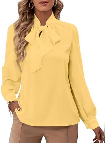 Rooscier Chemisier élégant en mousseline de soie avec nœud papillon et manches longues pour femme, jaune clair, Taille L