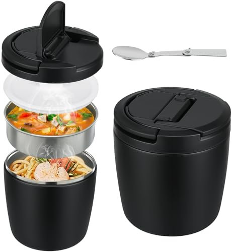 Boite Alimentaire Isotherme 1400ml, Acier Inoxydable Thermos Alimentaire Chaud avec Couvercle de Boucle et Cuillère, Thermo Isolant Contenant pour Ecole, Bureau, Camping, Noir