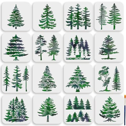 MAYJOYDIY Pine Tree Art Templates, PET Plastic Stencils, Forest Grove Deer Design, 15x15cm, 16-Piece Set with Paint Brush, Reusable Wall Art Templates for DIY Wood Walls Fabric Furniture Home Decor