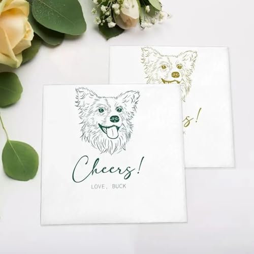 Personalisierte Servietten für Hochzeit, personalisiertes Foto, illustrierte Hunde-Hochzeitsservietten mit Namen, individuelle Haustier-Hochzeitsservietten, Brautparty, Verlobungsfeier, Geburtstag,