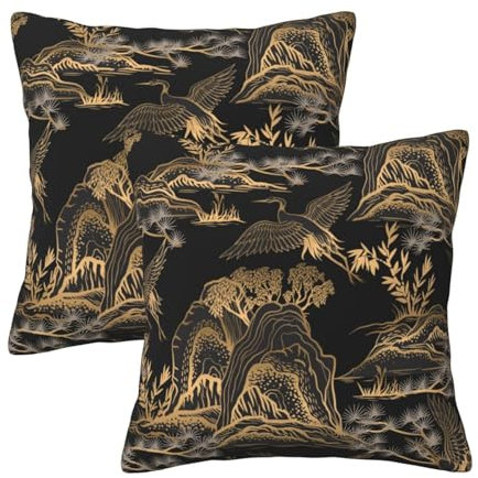HOSTECCO Chinoiserie Landschaft Kissenbezug 50x50 cm 2er Set Gold Berge Bäume Kissen Fall Japanische Deko Kissenbezug für Sofa Couch