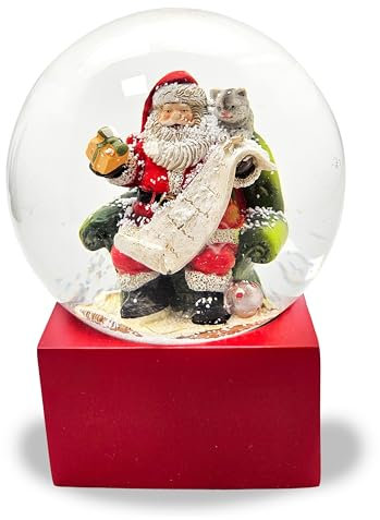 Schneekugel Weihnachten | Weihnachtsmann Geschenkeliste | Sockel rot | Höhe: 12cm Breite 10 cm | 20298 (Santa Geschenkeliste rot eck)