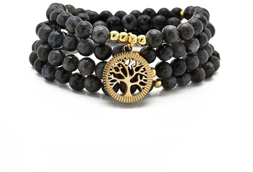 Accessori per la meditazione, 108 perle Mala, ciondolo albero della vita in oro, bracciale o collana di perle yoga per uomo o donna (Labradorite)